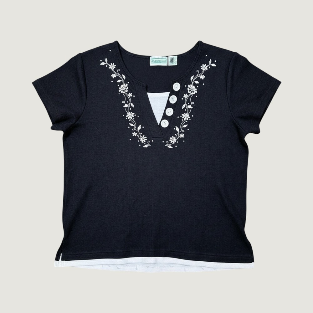 Vintage 90s Floral Embroidered Layered Knit Top Black White Women's Large‎ Retri